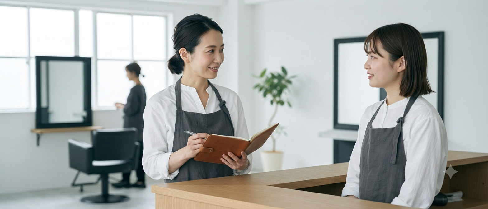 美容室CAREERのスタッフがカウンターで打ち合わせをしている様子